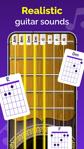 Realistic guitar sounds feature showing fretboard with chord chart overlays and string note labels E-A-D-G-B-E
