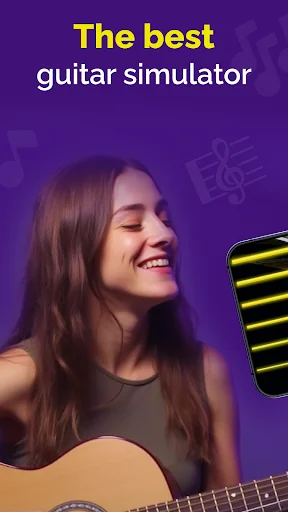 The best guitar simulator featuring smiling woman with acoustic guitar and mobile app interface on purple background