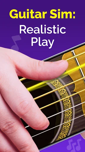 Guitar Sim: Realistic Play main screen with hand playing acoustic guitar strings and app branding on purple theme