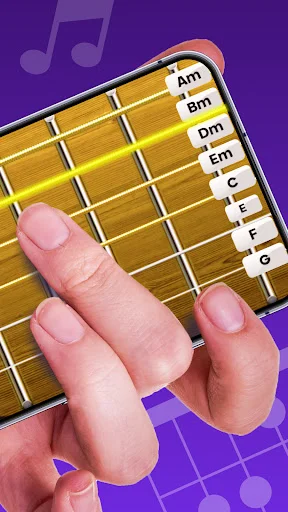 Interactive guitar fretboard with chord selection menu (Am-G) and realistic finger positioning for music learning
