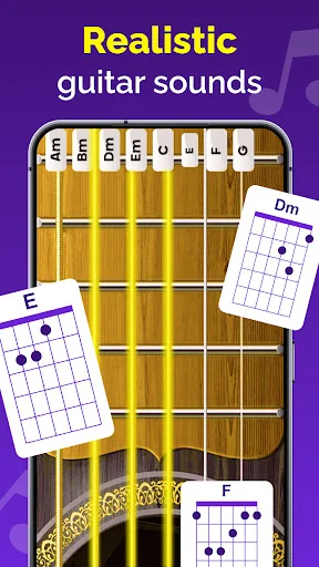 Guitar app interface displaying realistic sounds with multiple chord diagrams and fretboard string labels for practice