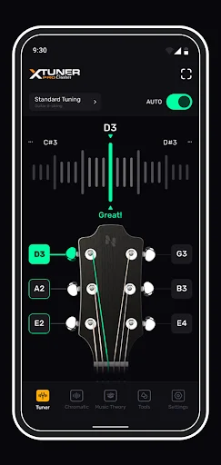 Guitar chromatic tuner interface showing D3 note detection with frequency visualization and interactive fretboard tuning display