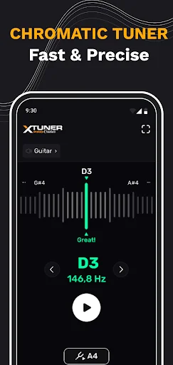 Chromatic tuner screen showing D3 note at 146.8 Hz with precise frequency indicator and navigation controls for note selection
