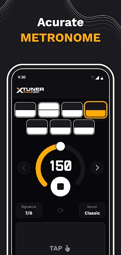 Metronome feature displaying 150 BPM tempo with adjustable timing, 7/8 time signature selection, and sound settings