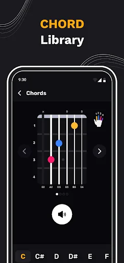 Chord library showing interactive guitar fretboard with colored fingering positions and chord visualization for learning