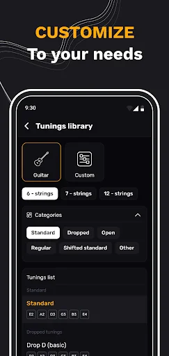 Tunings library with guitar string configuration options including 6-string, 7-string, 12-string, and custom tuning presets
