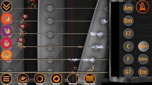 Hard rock guitar simulator main interface with fretboard, chord buttons, and control options for tuning, chords, and library
