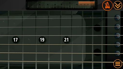 Interactive green guitar fretboard with playable frets and note dots showing fret positions for real-time guitar simulation playing