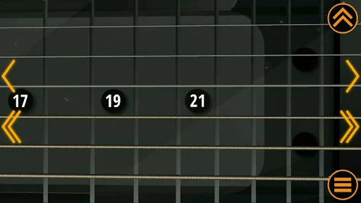 Guitar fretboard navigation screen with directional arrows for scrolling between fret positions and zooming on the fingerboard