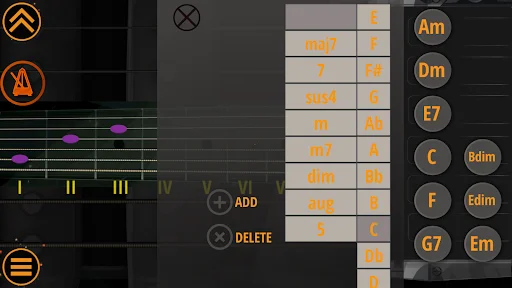 Chord editor interface displaying note arrangement in grid format with add and delete options to customize guitar chords