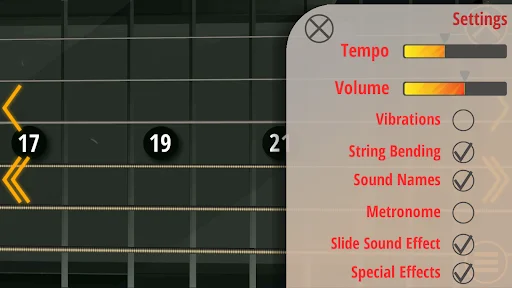 Settings menu for hard rock guitar app with tempo and volume sliders, plus toggles for vibrations, effects, and string bending