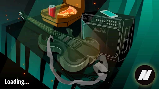 App loading screen featuring 3D isometric illustration of electric guitar, amplifier, and music equipment in modern design