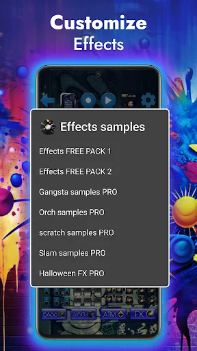 Sound effects library menu displaying multiple sample pack options including free and PRO versions for DJ mixing enhancement