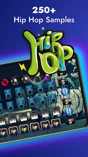 Hip Hop DJ app displaying '250+ Hip Hop Samples' with vibrant graffiti-style logo and professional mixing board interface