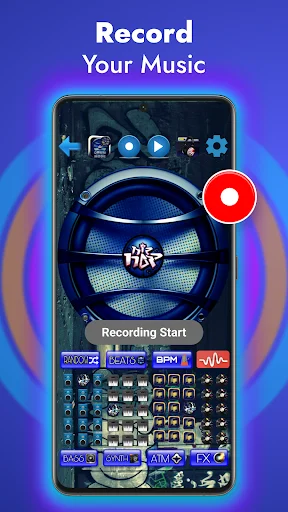 Recording feature in Hip Hop DJ app with large red record button, turntable visual, and beat maker pads for music creation