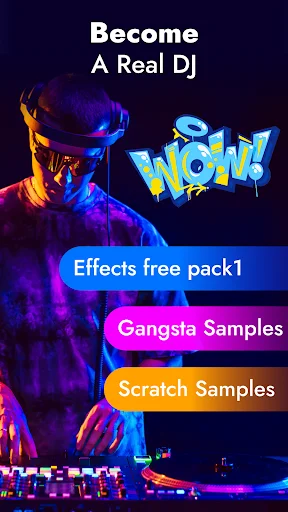 DJ training screen showing 'Become A Real DJ' with sample packs including Effects, Gangsta, and Scratch samples for beat making