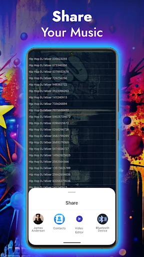 Music sharing interface displaying saved Hip Hop beats list with social media sharing options including contacts and video platforms