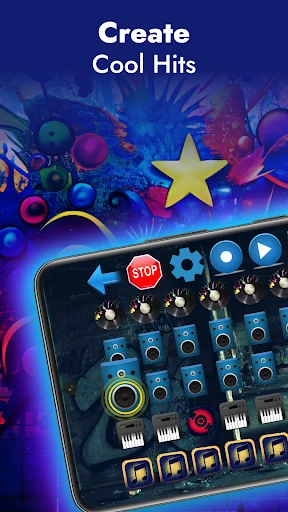 Hip Hop DJ beat maker main screen with mixing controls, stop button, and colorful star-filled background for music creation