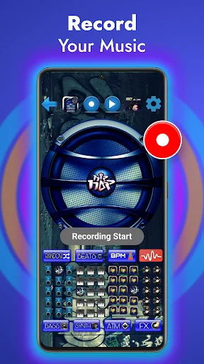 Music recording studio view with prominent red record button, turntable graphic, and comprehensive beat making pad controls