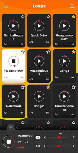 Main loops grid displaying Latino drum samples including SambaRegga, Mozambique, Conga with play buttons, BPM values, and time signatures for selection