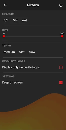 Filters screen showing measure options (4/4, 5/4, 6/4), adjustable BPM slider 0-200, tempo speed settings (medium/fast/slow), and favorite loops toggle