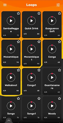 Extended loops collection grid showing complete Latino rhythm library including Songo, Guaguanco, Walkabout, and additional drum samples with playback controls