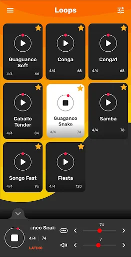 Favorite Latino drum loops grid marked with orange stars, featuring Cabailo Tondeo, Samba, Conga, Songo Fast, and Fiesta drum patterns with play buttons