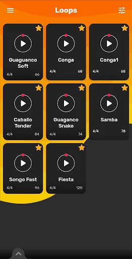 Latino drum loops selection view displaying highlighted loop cards with play controls, BPM information, and time signature data for music production