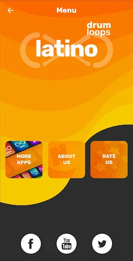Menu screen for Drum Loops Latino with About Us, Rate Us, and More Apps buttons plus social media links for Facebook, YouTube, and Twitter connections