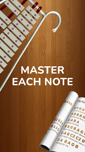 Lyre xylophone app screenshot showing wooden instrument with white mallets and 'Master Each Note' text on wood background