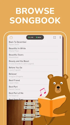 Browse Songbook feature showing song list including Back to December, Beautiful in White with cute bear mascot character