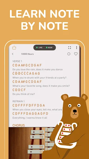 Learn Note by Note tutorial screen displaying musical notes CDAGF with bear guide for xylophone music education
