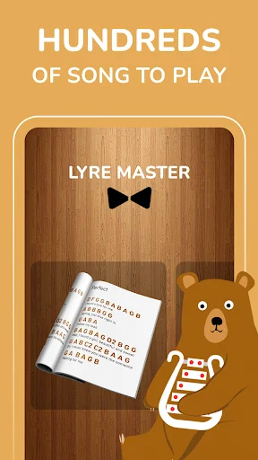 Hundreds of Songs to Play menu in Lyre Master app with sheet music and bear mascot on wooden background interface