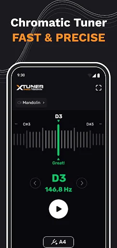 Mandolin chromatic tuner showing D3 note at 146.8 Hz with precise frequency detection needle and navigation controls