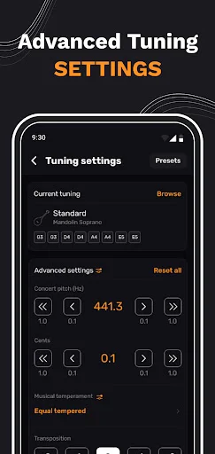 Advanced tuning settings interface with Standard tuning, reference frequency 441.3 Hz, capo adjustment, and equal temperament
