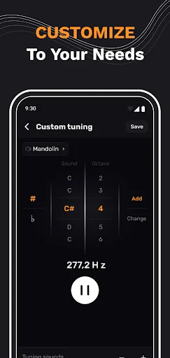 Custom tuning editor with selectable musical notes and frequency display showing 277.2 Hz for personalized mandolin tunings