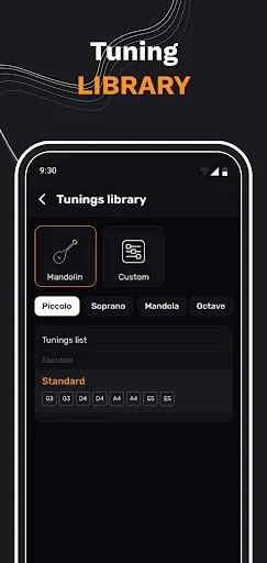 Tuning library screen with preset mandolin tuning options including Standard, Custom, Piccolo, Soprano, Mandola, and Octave