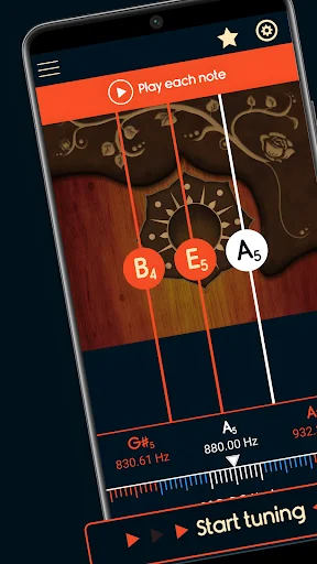 Master Balalaika Tuner app main screen showing balalaika strings with note indicators B♭, E♭, A♭ and frequency display