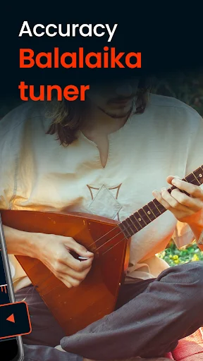 Accuracy Balalaika tuner promotional screen featuring musician playing traditional balalaika instrument