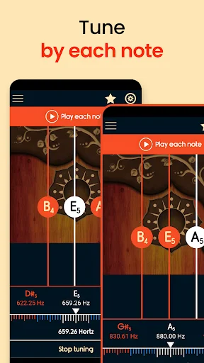 Tune by each note feature showing dual balalaika tuning interface with frequency readings and note selection