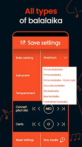 All types of balalaika settings menu displaying instrument types, temperament options, and save settings