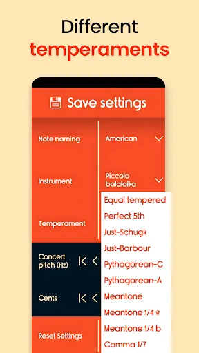Different temperaments selection screen showing various tuning systems like Equal tempered, Perfect 5th, and others