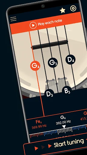 Master Banjo Tuner app main screen showing banjo strings with note indicators G, D, B and frequency display for tuning