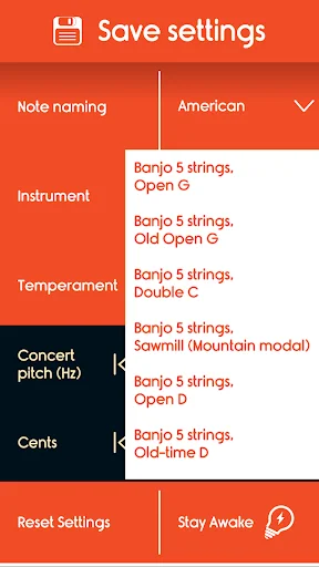 Instrument settings displaying various 5-string banjo tuning options including Open G, Double C, and Sawmill modal tunings