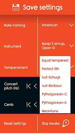 Temperament selection menu showing Equal tempered, Perfect 5th, Just-Schucht, and other historical tuning systems
