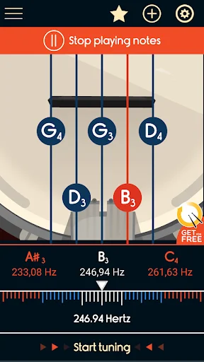 Stop playing notes interface showing banjo strings with note positions and frequency readings for B3 246.94 Hz tuning