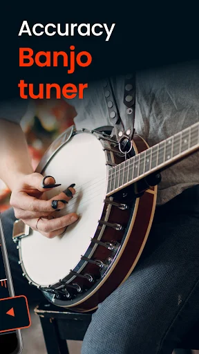 Accuracy Banjo tuner app promotional screen featuring hands playing a banjo with white text overlay on dark background