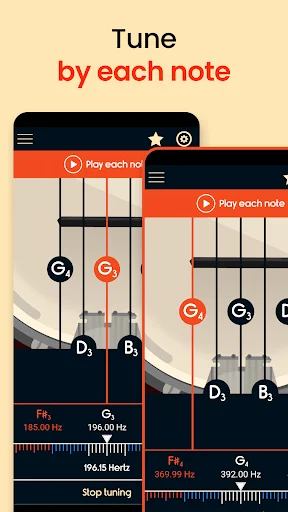 Tune by each note feature showing two phone screens with banjo string interfaces and individual note tuning controls