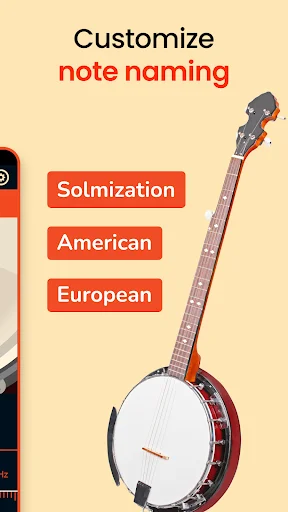 Customize note naming settings screen with Solmization, American, and European options alongside banjo instrument image
