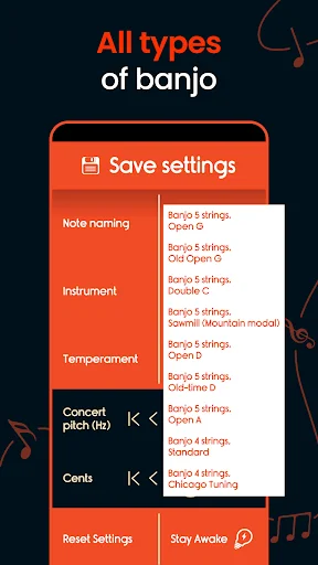 All types of banjo settings menu displaying save options for different banjo configurations and tuning presets